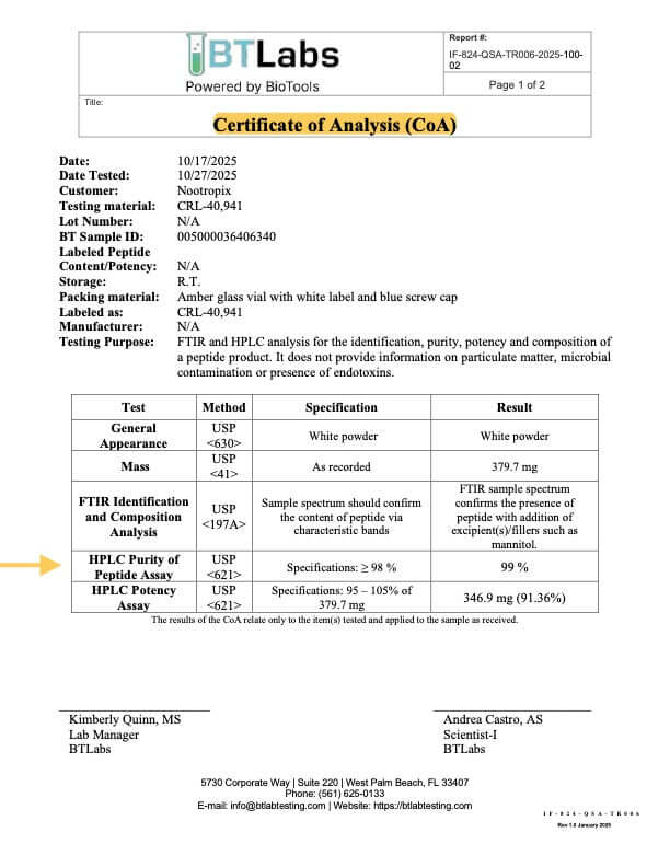 COA – Fladrafinil 20mg Capsules (Batch SID-005000036406340, Assay 2025-10-27, Lab BT Labs, v1.0.0)