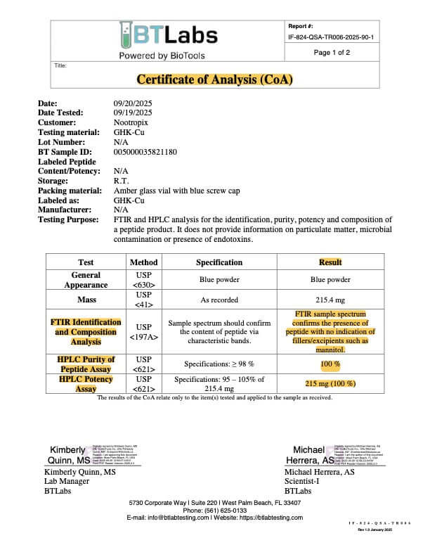 COA – GHK-Cu — 10 Vials Set (50 mg each) (Batch SID-005000035821180, Assay 2025-09-19, Lab BT Labs, v1.0.0)