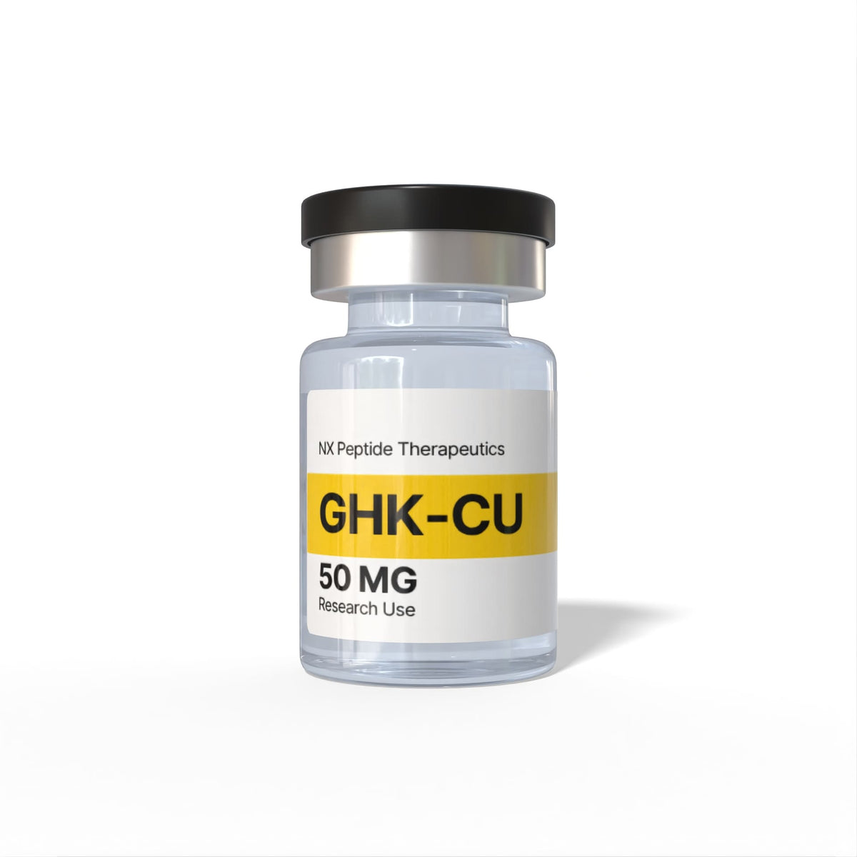 Vial labeled 'GHK-CU 50 MG' with 'NX Peptide Therapeutics' on a white background