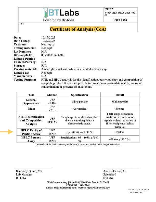 COA – Noopept Powder (Batch SID-005000036406388, Assay 2025-10-27, Lab BT Labs, v1.0.0)