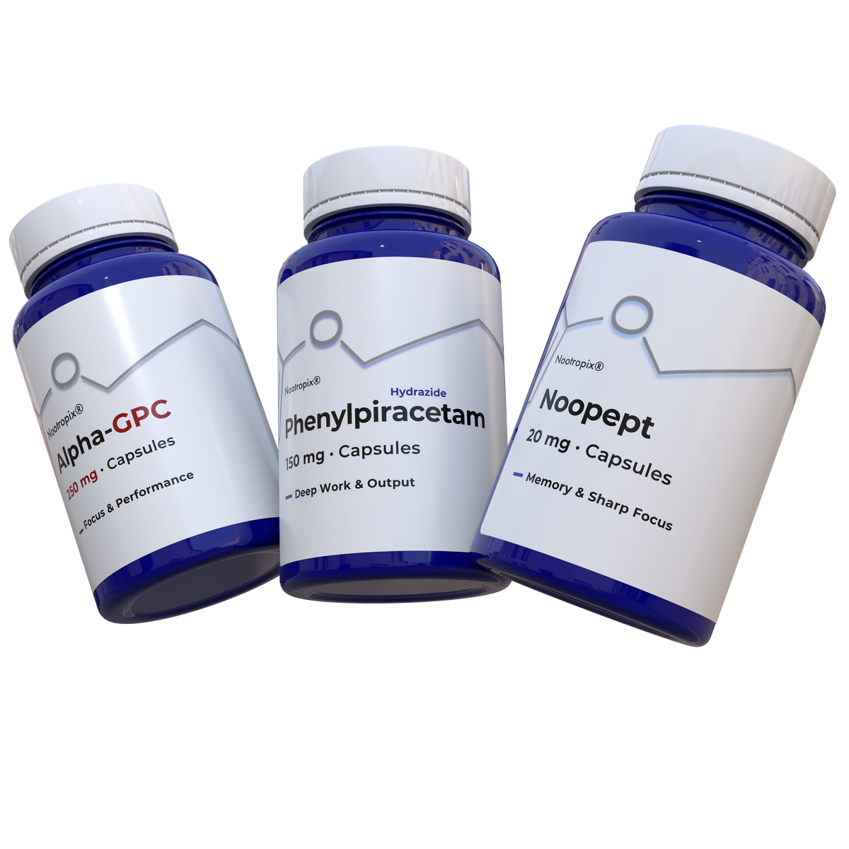 Nootropix Deep Work Bundle with Phenylpiracetam Hydrazide, Noopept and Alpha-GPC bottles