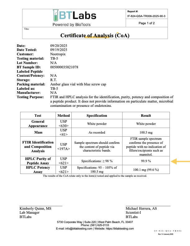 COA – Wolverine Stack (BPC-157 & TB-500) (Batch SID-005000035821078, Assay 2025-09-19, Lab BT Labs, v1.0.0)