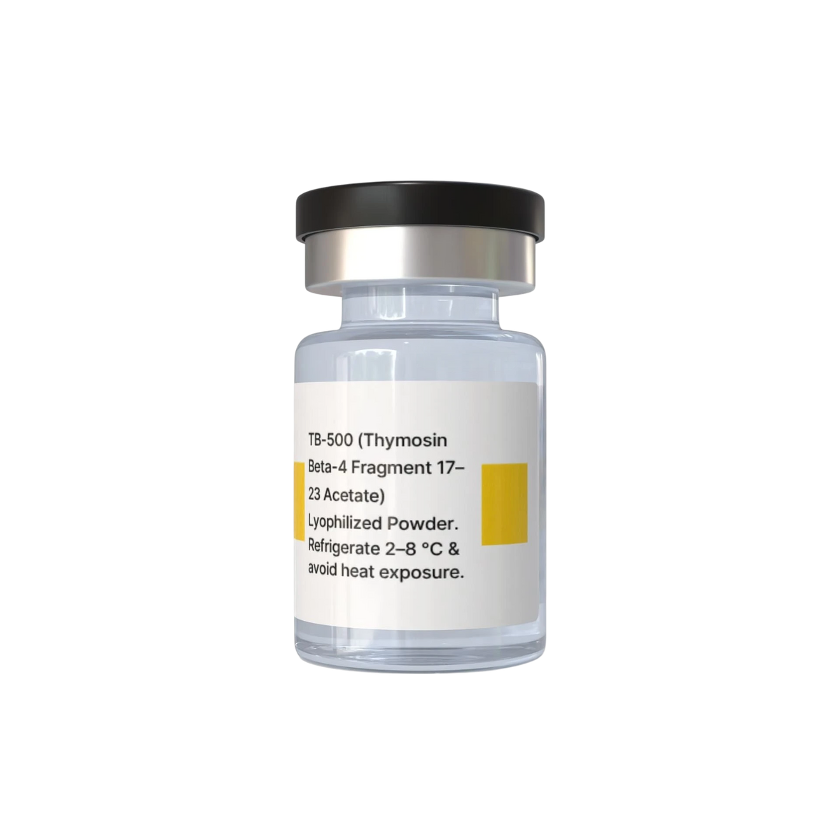 Vial labeled TB-500 with black cap on a white background