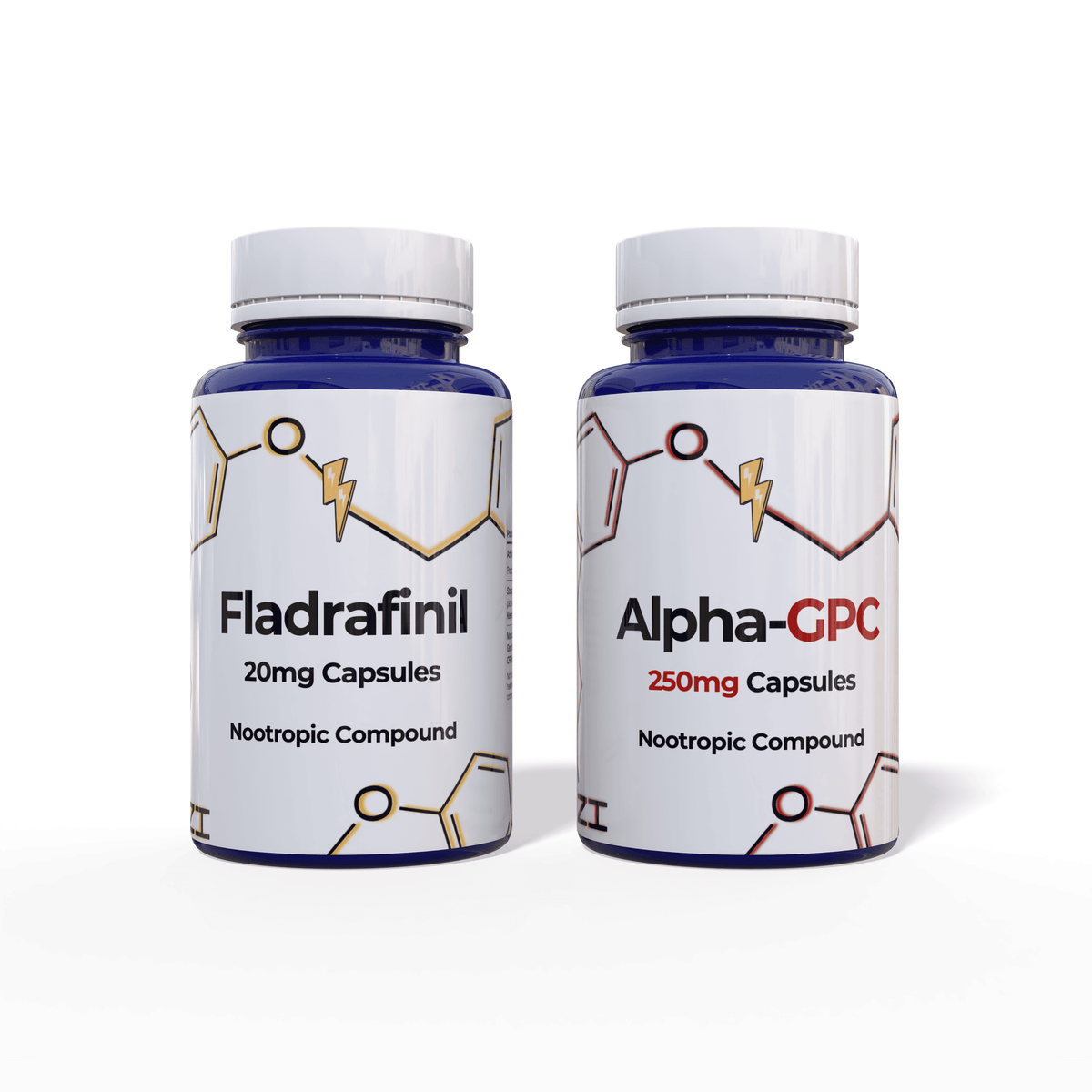 Fladrafinil 20mg and Alpha-GPC 250mg capsules focus duo bundle, two blue bottles, Nootropix Dubai UAE