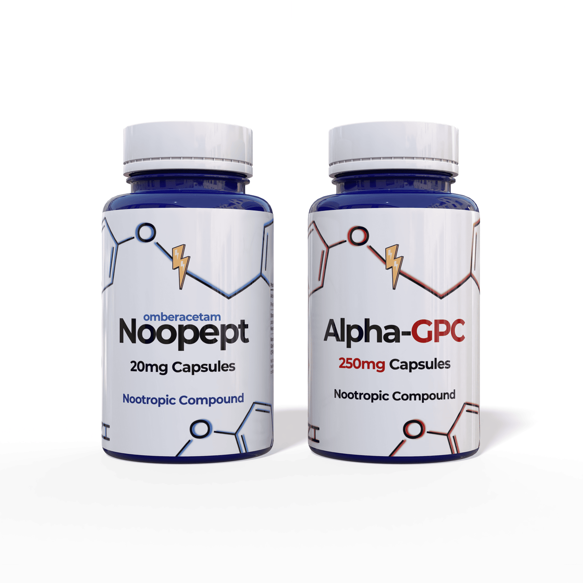 Noopept 20mg and Alpha-GPC 250mg capsules focus duo bundle, two blue bottles, Nootropix Dubai UAE