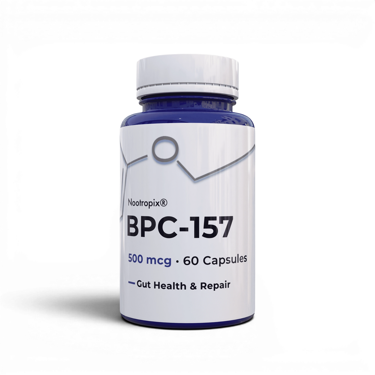 Nootropix BPC-157 500mcg capsules in a blue bottle with white label for gut health and repair