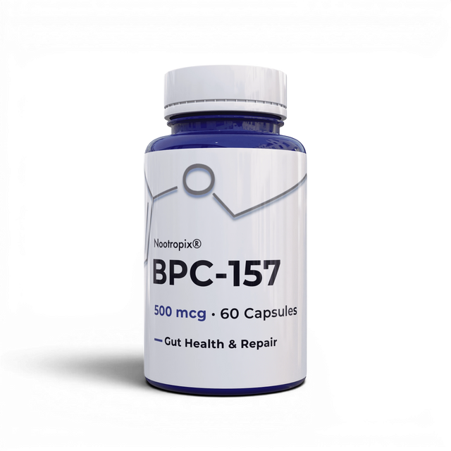 Nootropix BPC-157 500mcg capsules in a blue bottle with white label for gut health and repair