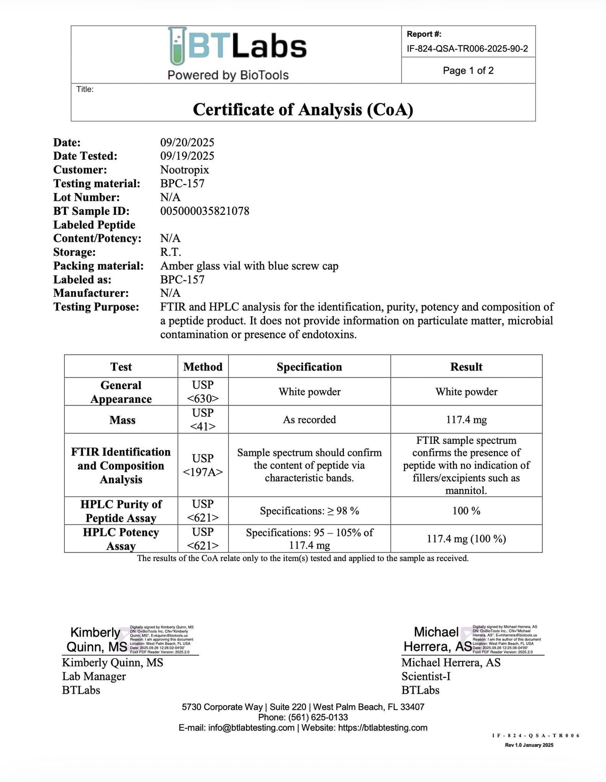 Nootropix BPC-157 500mcg capsules certificate of analysis document showing purity and potency test results