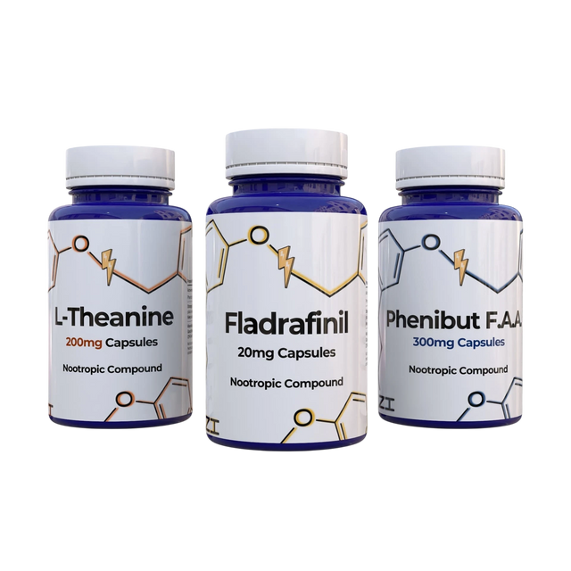 Nootropix NZ40 Limitless Stack featuring three blue bottles of L-Theanine, Fladrafinil, and Phenibut F.A.A. capsules.