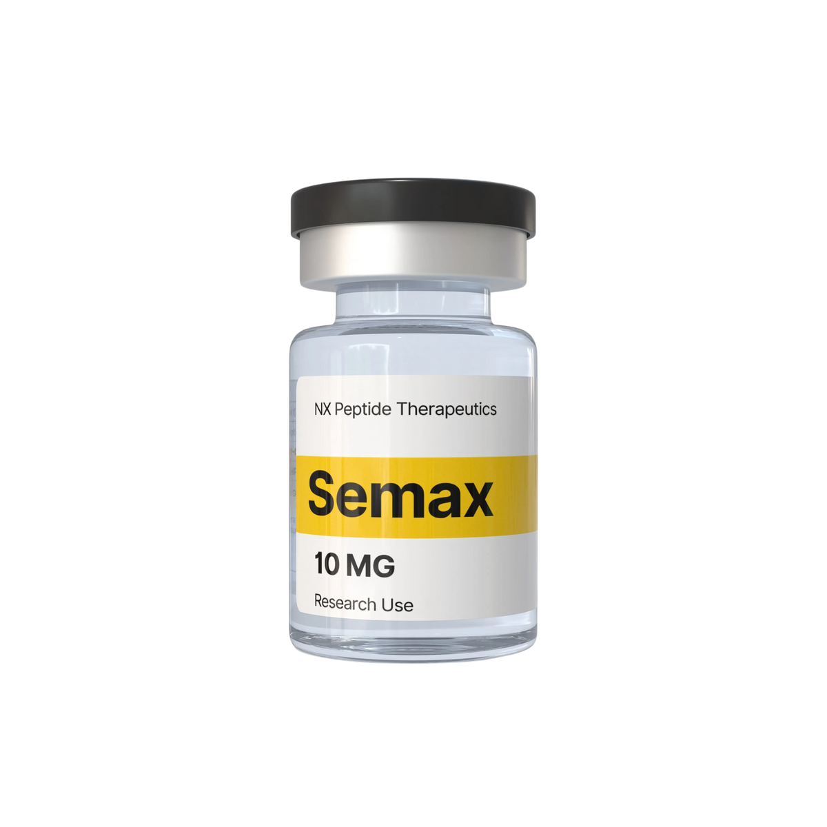 Nootropix Semax 10mg peptide vial for research use in a clear glass bottle with a black cap.
