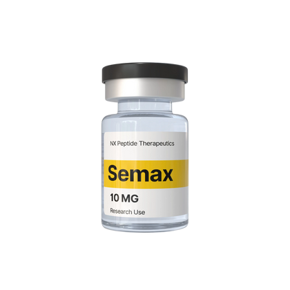 Nootropix Semax 10mg peptide vial for research use in a clear glass bottle with a black cap.