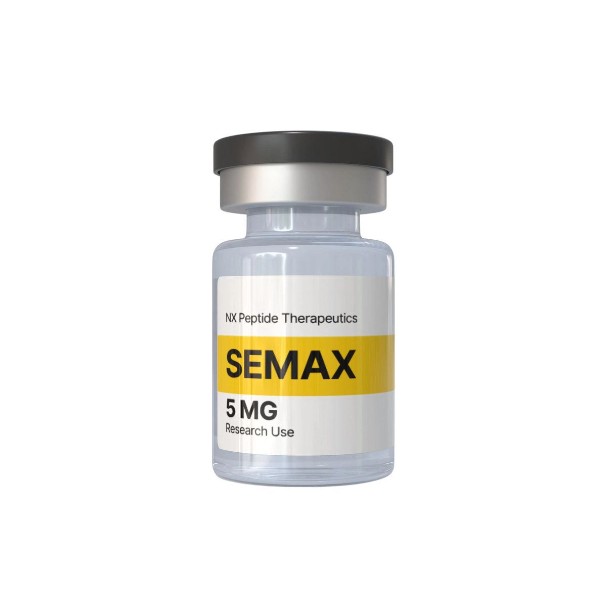 Nootropix Semax 5mg peptide vial with white and yellow label for research use isolated on white background