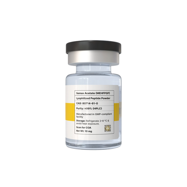 Nootropix Semax acetate lyophilized peptide powder in a 10mg glass vial with a black cap and white label.