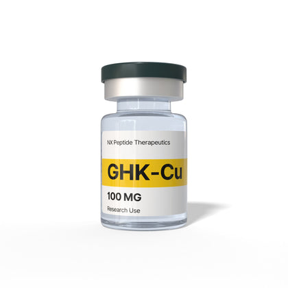 Vial labeled 'GHK-Cu 100 MG' by NX Peptide Therapeutics on a white background