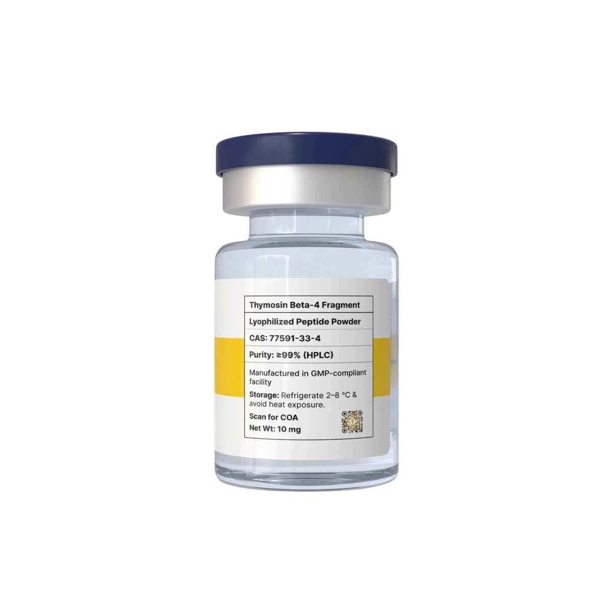Tb-500 10mg vial with a back label on a white background