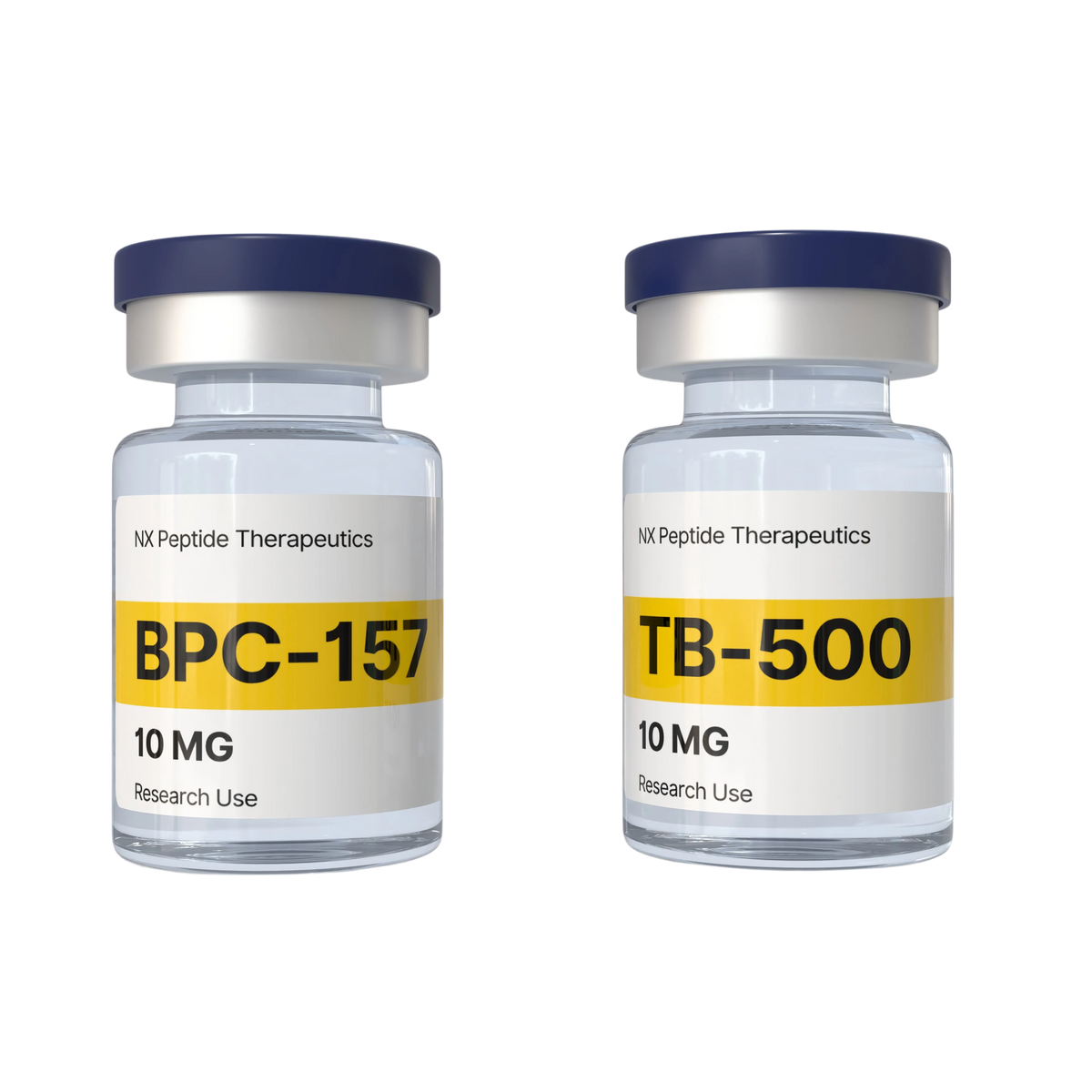 Two vials labeled BPC-157 and TB-500 with NX Peptide Therapeutics branding on a white background.