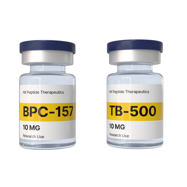 Two vials labeled BPC-157 and TB-500 with NX Peptide Therapeutics branding on a white background.