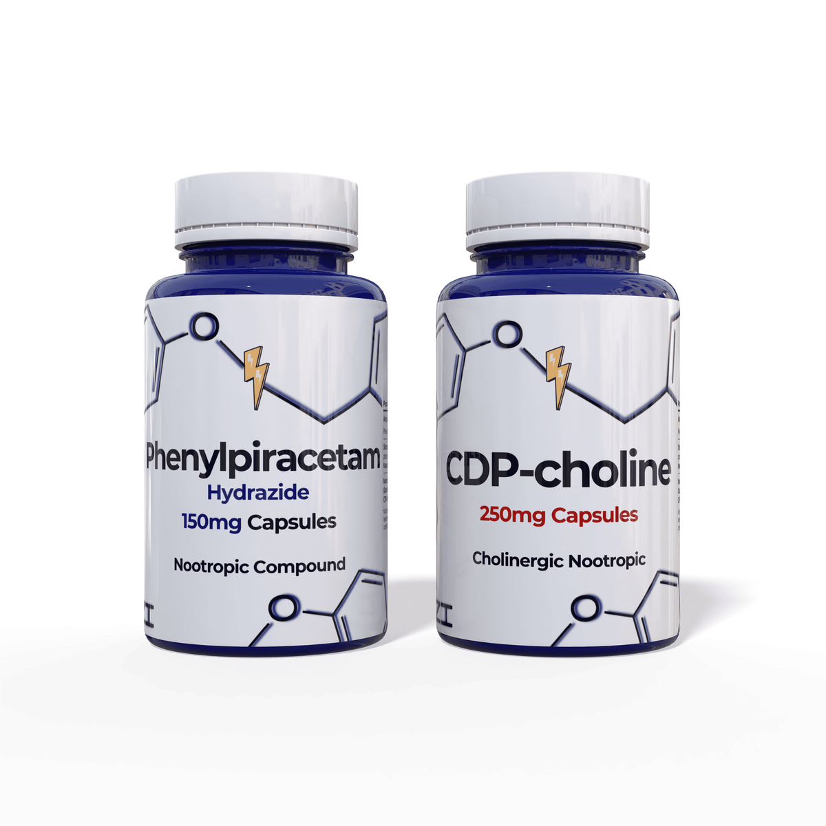 Phenylpiracetam Hydrazide 150mg and CDP-Choline 250mg capsules duo bundle, two blue bottles, Nootropix Dubai UAE